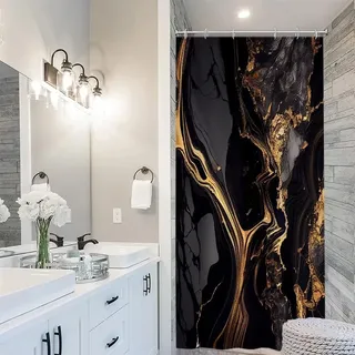 Schmaler Duschvorhang In Schwarz Und Gold, 90 X 180 Cm, Graue Marmoroptik, Waschbarer Stoff, Mit 6 Haken