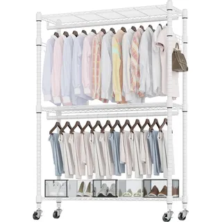 Himimi Doppelter Kleiderständer/Kleiderstange mit Höhenverstellbaren Ablage,Kleiderständer auf Rollen, Stabiles Metall,Schwerlast-Kleiderständer mit 2 Haken, 90 * 42 * 205cm, Weiß