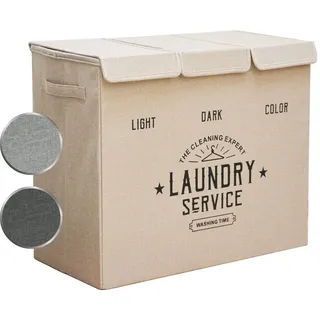 DuneDesign Wäschekorb 3 Fächer mit Deckel - 84L Wäschesammler Beige - Wäschesortierer für Schmutzwäsche - Wäsche Organizer Badezimmer Schlafzimmer - Laundry Basket mit Trennsystem Ordnungssystem