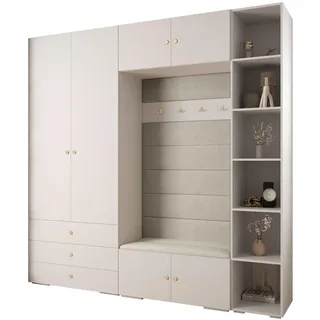 Abiks Möbel Garderoben-Set, Weiß, Beige, Gold, Holz, Nachbildung, 2-Sitzer, 13 Fächer, 240x236.7x47 cm, Garderobe, Garderoben-Sets & Serien, Garderoben-Sets