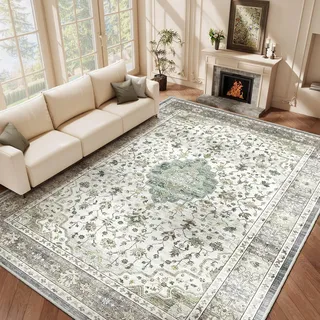 HOMFINE Teppich Wohnzimmer 200x300cm Vintage Waschbar Hell Grün | Großer Waschbarer Kurzflor Teppich mit Blumenmuster, Rutschfest, Weich und ideal für Wohnzimmer, Schlafzimmer und Esszimmer