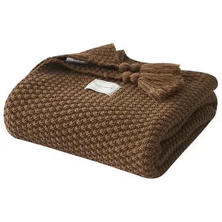 Rosnek Tagesdecke Vintage Quasten, gestrickt, warm weich, für Sofa Baby Decke, 110x150/137x170cm; Warm Weich braun 150 cm