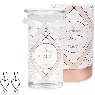 JuwelKerze Beauty - Luxury Edition Ohrringe Roségold - Schmuckkerze - große Duftkerze mit Fruchtigem Duft - weiße Kerze mit Schmuck Überraschung mit Diamantschmuck