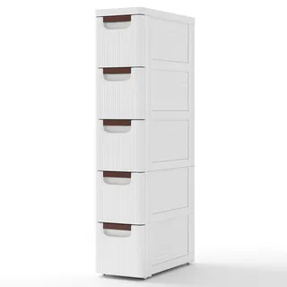 COSTWAY Nischenschrank schmal mit Rollen, Nischenregal 20cm breit, Nischenwagen mit 5 Schubladen, Badrollwagen für Bad, Klassenzimmer, Studio & Salon, Weiß, 42 x 19 x 91 cm