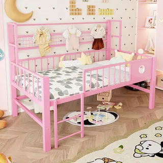 Kinder-halbhochbett 90x200 Cm, Platzsparendes Niedriges Hochbett Fürs Jugendzimmer Mit Kleiderstange Und Regal, Rosa