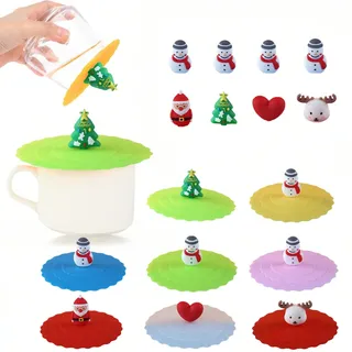 Fandipitous 8 Stück Silikon Glasabdeckung, Silikondeckel für Trinkgläser, Anti Staub Deckel für Gläser Mit Weihnachtlichem Cartoon Griff, Wiederverwendbar Glasabdeckung Trinkglas