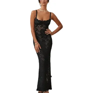Elegante Spitze Durchsichtig Maxi Kleid Frauen Sommer Sexy Spaghetti-trägern Bodycon Hochzeit Party Kleider Schwarz Split Langes Kleid - M