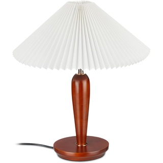Relaxdays Tischleuchte Vintage, Schirm Tischlampe mit Holzfuß, HxD: 51 x 44 cm, Nachttischlampe, E27 Fassung, braun/weiß