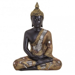 G. Wurm Dekoobjekt, Große Buddha-Figur meditierend sitzend, 27 cm in schwarz Gold, mit feiner Struktur gemuster, Wohnaccessoire, schöne Thai Statue, innen und außen goldfarben