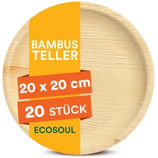 ECO SOUL Bambus teller 8"(20 cm) Papteller Einwegteller(20 Stück) | 100% natürliches Bambus, Extra stabil für heiße & kalte Speisen, Fett & schnittfest, Kompostierbare Alternative zu Plast