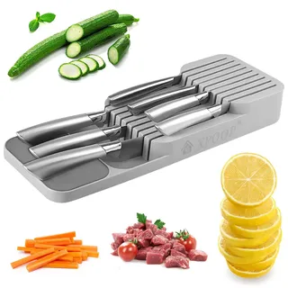 XPOOP Messerblock für Schublade, Messerorganisation, Zweistufiger Messer Organizer mit Schlitzen, Knife Block mit Anti Rutsch Pad, für Schubladen Arbeitsfläche Küche Büro, Grau