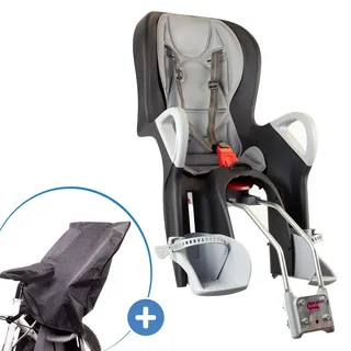 OK Baby Kinderfahrradsitz 10+ von 9 Monate bis 22 kg mit Sitzpolsterung, Bein- u. Fußschutz, verstellbare Rückenlehne inkl. Befestigung & Regenschutz - Schwarz Grau