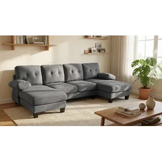 GLP Wohnlandschaft XXL Chenille Couch mit Doppel-Liegefläche und Seitentaschen, Set, Ecksofa U-Form mit abnehmbaren Armlehnen grau