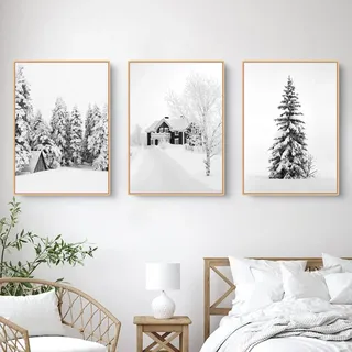 3er Poster Set, Winter Weiße Kiefer Holzhaus Wandkunst Wandbilder Wohnzimmer Bilder, Moderne Leinwandbilder Wandposter, Wanddeko Bilder, Ohne Rahmen (21x30cm)