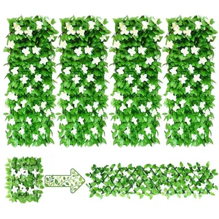 BlingBin Gartenzaun Ausziehbare Künstliche Blumenzaun, Max. 200 cm Efeu-Zaun-Sichtschutz, (4er Set, 4-St., Maße im ungestreckten Zustand: 20 x 40 cm), Erweiterbares Garten-Sichtschutz-Hecke mit Blume für Balkon, Terrasse grün