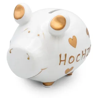 Sparschwein Hochzeit Keramik Weiß Gold 12,5 cm Spardose Geldgeschenk - Weiß/Gold