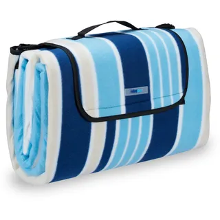 Relaxdays Picknickdecke XXL, 200 x 200 cm, Fleece Stranddecke, wärmeisoliert, wasserdicht, mit Tragegriff, blau-weiß