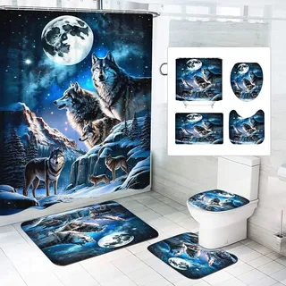 SMchwbc 4-teiliges Wolf Duschvorhang-Sets Waldmond Wolf Duschvorhang 180x200 Wölfe Textil Wald Tier Duschvorhänge Polyester Badezimmerteppich 4-teiliges Set (200 x 200 cm(BxH),3)