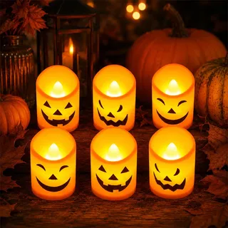 Halloween Flammenlose Stumpenkerzen,6 Halloween Flammenlose Kerzen,LED Ker | zen Echtwachs,Halloween Deko Laterne,Halloween Lampe Horror,Horror Garten Teelicht,Gruselige Kerzen für Halloween Deko Licht