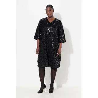 Ulla Popken Cocktailkleid Kleid Fransen Pailletten V-Ausschnitt 3/4-Arm schwarz 54/56