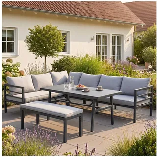 bellavista - Home&Garden® Gartenlounge-Set Gartenlounge Maia Aluminium grau Anthrazit 8 Personen Lounge-Set, (Set, 4-tlg., 2 3-Sitzer Sofas, 1 Bank, 1 Tisch, inkl. Kissen), grau, Aluminium, für 8 Personen, wetterfest, Garten, Terrasse, Outdoor grau