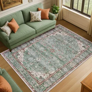 Topfinel Vintage Teppich 140x200cm Grün Boho Orientalischer Kurzflor Teppich Waschbar rutschfest Weicher Kinderzimmer Teppiche für Schlafzimmer Esszimmer Büro Wohnzimmer Groß Carpet