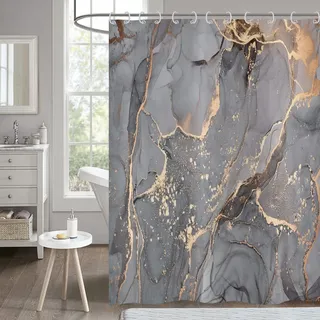 Hnmdmyi Duschvorhang Marmor Optik Grau 120x180, Glitzer Duschvorhänge Gold Riss Abstrakt Modern Luxus Kunst Badewanne Vorhang Wasserdicht Polyester Stoff Waschbar Badevorhang für Badezimmer mit Haken