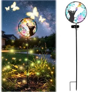 Calenxy Solarstecker für Außen Garten, Solarleuchte Katze mit Schmetterling, Metall Silhouette Solarlampen Solar Tiere Gartenstecker, wetterfeste Gartendeko für Balkon Terrasse Außenterrasse Rase