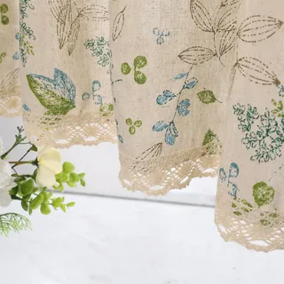 Moslovstar Farmhouse-Vorhang aus Baumwollleinen, 60 cm lang, eleganter Fenstervolant aus floraler Spitze, kurzer Vorhang für Küche und Bad, 1 Paneel, Blätter und Blumen auf Beige