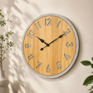 K&L Wall Art 50cm große Vintage Wanduhr industrielle Beton Holzuhr ohne Tickgeräusche XL Landhausuhr Holz Betonoptik
