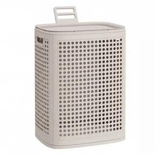 SONGMICS Wäschekorb mit Deckel, Wäschesammler Plastik, für Badezimmer, Waschküche, Wäschetonne schmal, Wäschebox platzsparend, Schlafzimmer, 75 L beige