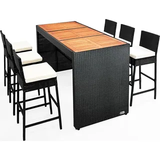 CASARIA CASARIA® Gartenbar Set Polyrattan 185x80x110cm Akazie Holz 7 cm Auflagen Wetterfest Outdoor Theke Bar Barhocker Garten Terrasse Gartentheke Sitzgr... - Schwarz