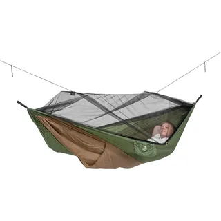 AMAZONAS Ultra-Light Hängematte Adventure Moskito Thermo 470g mit Moskitonetz und Isomattenfach Reisehängematte imprägniert mit Insektenschutzmittel 275x140cm bis 150kg in Grün-Braun