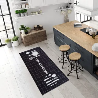 Pasha Home Küchenteppich 80x150 cm The Kitchen schwarz/Küchenläufer waschbar bei 30°C/Küchenläufer rutschfest und pflegeleicht/Teppich für Küche, Flur, Schlaf- oder Wohnzimmer