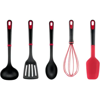 Tefal Ingenio+ 5-tlg. All-in-One Küchenhelfer-Set, Suppenkelle | Pfannenwender, Löffel, Schneebesen, Silikon-Teigschaber, verstärktes Nylon mit 15% Glasfaseranteil, Schwarz/Rot, K198S504