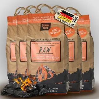 Glühgut-RAW Tischgrill-Holzkohle (3KG x 5 – 15KG) raucharme Holzkohle mit feiner Körnung 20–50mm – FSC-Zertifiziert, sauber & leistungsstark - ideal für alle Tischgrill wie Lotus, Balkon und Camping