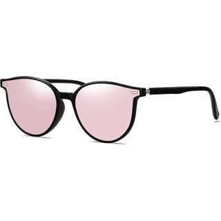 KANASTAL Groß Polarisiert Sonnenbrille Damen Retro TR90 Sonnenbrillen für Damen mit UV400 Schutz, Glänzend Schwarz Rahmen und Verspiegelt Rosa Gläser - Einheitsgröße