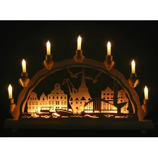 Schlick & Türk Schwibbogen Rostock/Warnemünde - Stadtmotiv - 51cm, 7 Kerzen + Vorbeleuchtung - Feine Handarbeit aus dem Erzgebirge - Weihnachten erzgebirgischer Lichterbogen