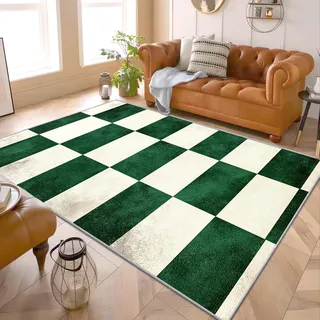 Schachbrett Teppich Grün - Teppich Wohnzimmer Schlafzimmer Schachbrettmuster Grün, Großer Teppich Grün Karo, Weich Kurzflor & Waschbar & Rutschfest Wohnzimmerteppich, Kinderteppich, 160x230 cm
