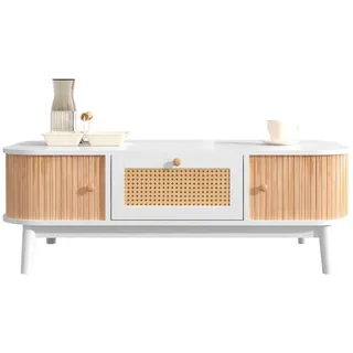Fine Life Pro Couchtisch (Eleganter Rattan-Kaffeetisch mit), Massivholztüren und natürlichem Landhausstil weiß