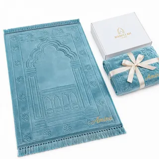 Gebetsteppich bestickt personalisiert 80×120 cm Raschel rutschfest(Blue)