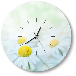 DEQORI Wanduhr 'Frühlingsgänseblümchen' (Glas Glasuhr modern Wand Uhr Design Küchenuhr) gelb|grün|weiß 50 cm x 50 cm