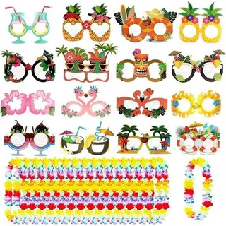 Famanu Hawaii-Partyaccessoires - Brille, Blumenkranz und Dekoration