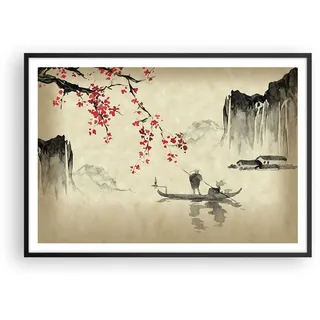 Poster 100x70 cm Wandbild Kunstdruck Landschaften Menschen - 5020 - P2B | Blume Kirschen Japan Wandposter mit schwarzem Rahmen Wohnzimmer Schlafzimmer mit schwarzem Rahmen Wanddeko Kunstposter ARTTOR