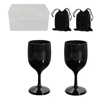 Romon 2 Stück Acryl Rotweingläser set Schwarz, 200ml Faltbares Camping Weingläser Plastik, Wiederverwendbare Cocktailgläser, Weinglas to go mit Aufbewahrungsbox, für Reisen Picknick Zubehör Outdoor