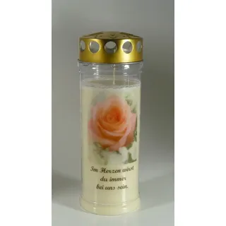 Grablicht-Kerze 20/7 cm - Rose A - 3751 - Im Herzen ... - 7 Tage Brenndauer – (Ewiglicht-Ölkerze)-Grabkerze mit Motiv und Spruch - Trauerkerze mit Foto und Spruch