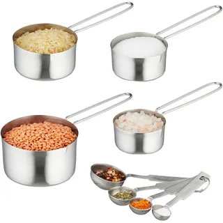 Relaxdays Messbecher und Messlöffel Set, Edelstahl, US-Größen & ml-Angaben, Portionierlöffel mit Griff, Silber