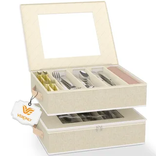 VERONLY 2-teiliges Besteckkasten mit Deckel für Schubladen, Besteckeinsatz Besteckbox Tragbar Besteck Aufbewahrung mit Deckel Verstellbarer Utensilien Organizer für Campin Gurlaub Reisen Küche(Beige)