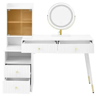 Schminktisch - Wandmontierter Frisiertisch 120×45×115 cm - LED-Spiegel - Transparente Glas-Tischplatte - Mit Seitentisch und Schrank - Ohne Hocke...