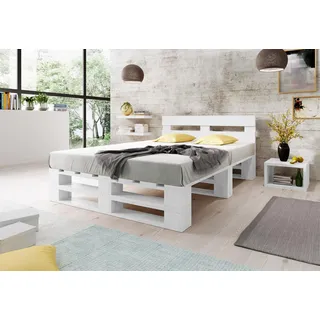 Lermowood Palettenbett M2 aus Holz 180 x 200 cm Weiß mit Kopfteil Holzbett 40cm Stabiles Seniorenbett Kinderbett Jugendbett Gästebett erhöhtes Einzelbett Bettgestell Futonbett Komforthöhe Naturholz